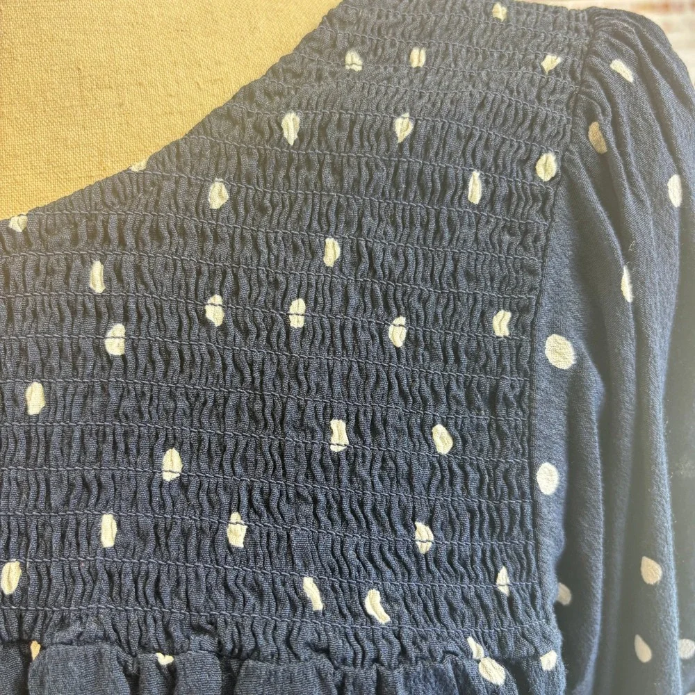 Navy Flowy Polka Dot Smocked Yoke Blouse 0X 14 Crepe Peasant Preppy Retro